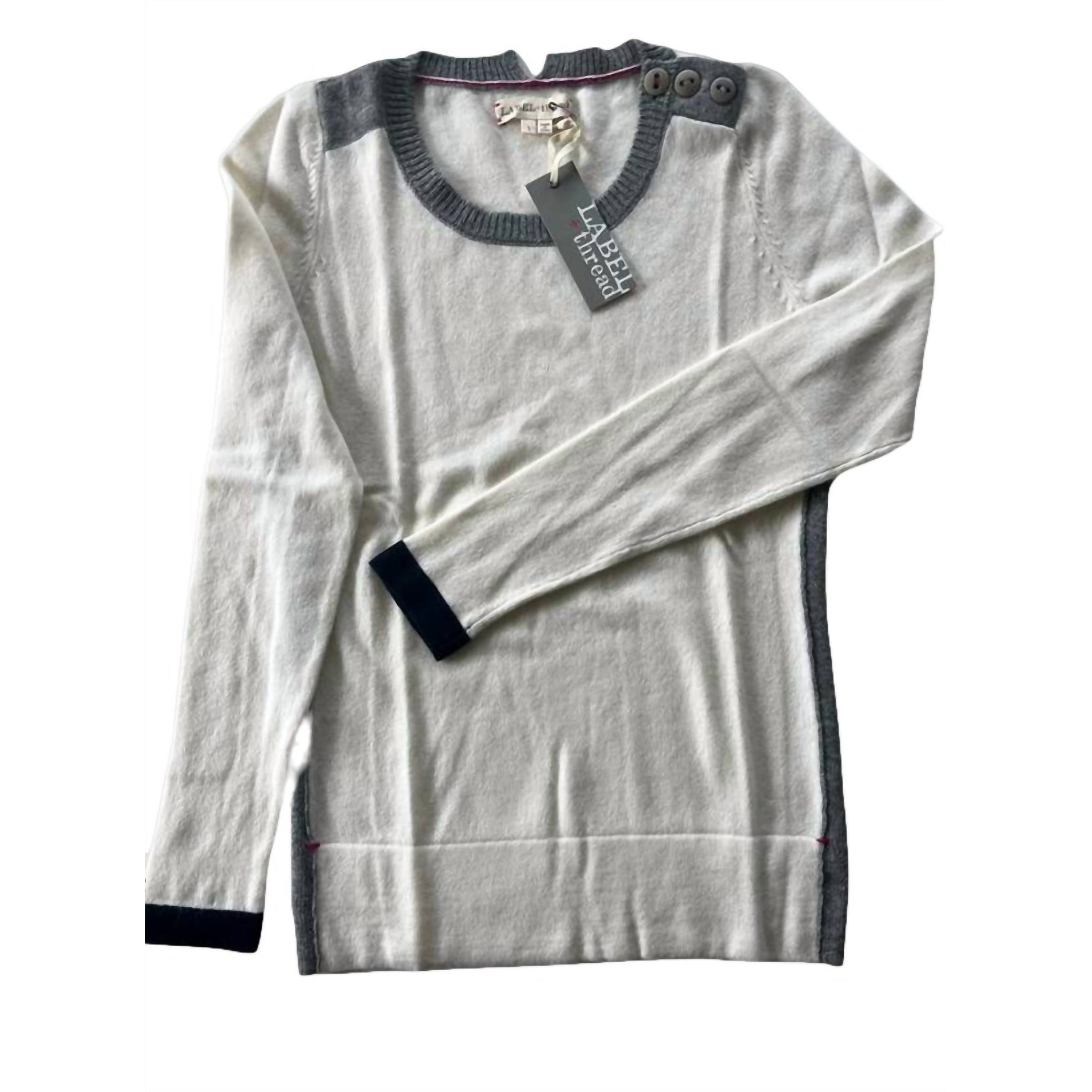 New Label+Thread Women's Luxe Button Neck Pullover In White/Grey
